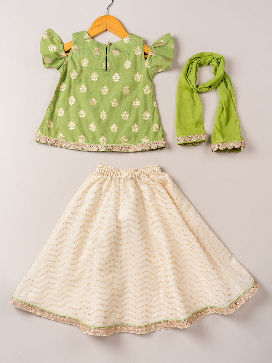 Chanderi Green Gold Butti Cold Shoulder Blouse & Chevron Embroidered Ghagra with Dupatta