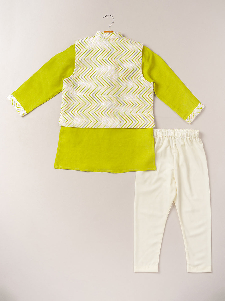 Lime Green Satin Linen Kurta & Chevron Bandi Set with Pajama