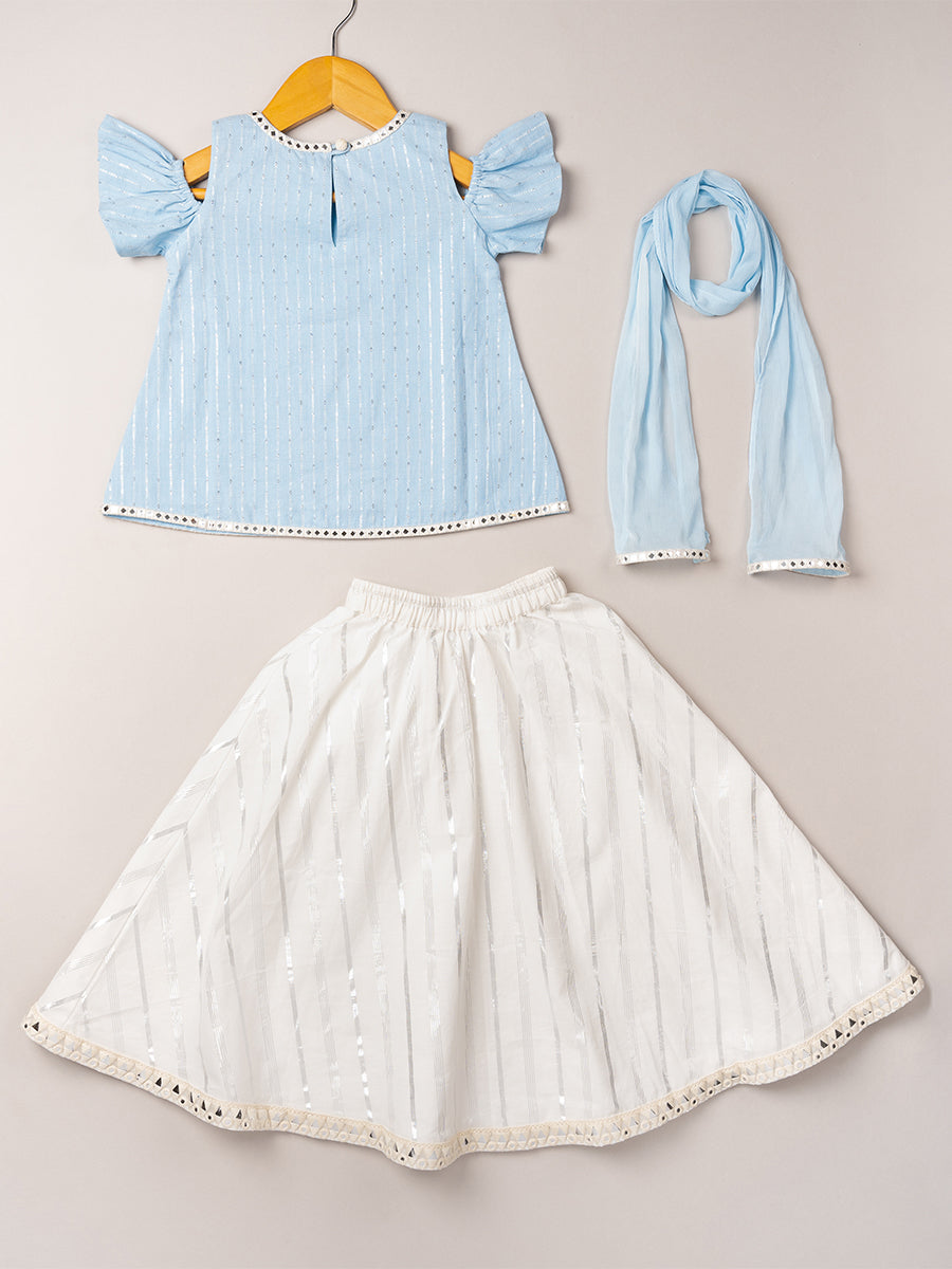 Chanderi Sky Blue Silver Stripe Cold Shoulder Blouse with Embroidered Stripe Ghagra with Dupatta