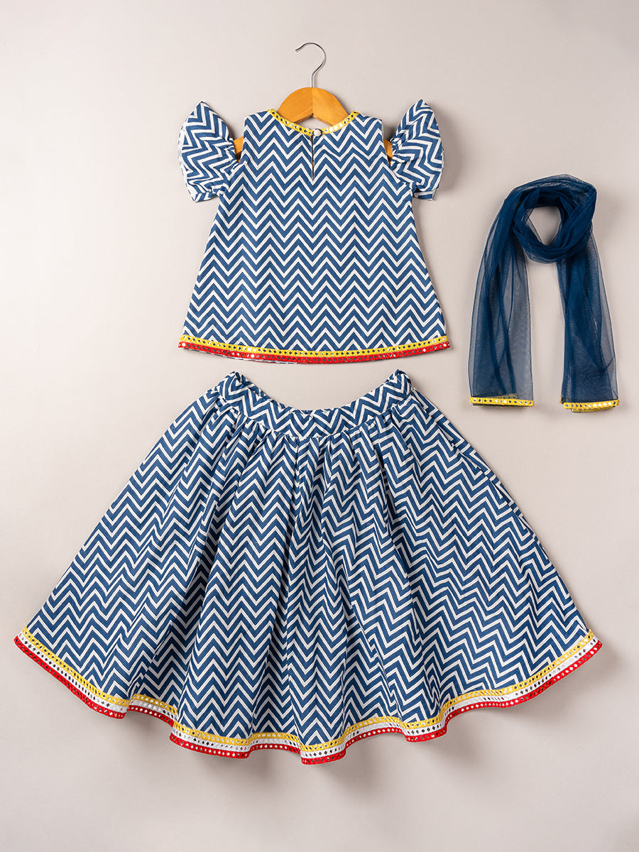 Indigo Geomteric Zig Zag Ghagara with Dupatta