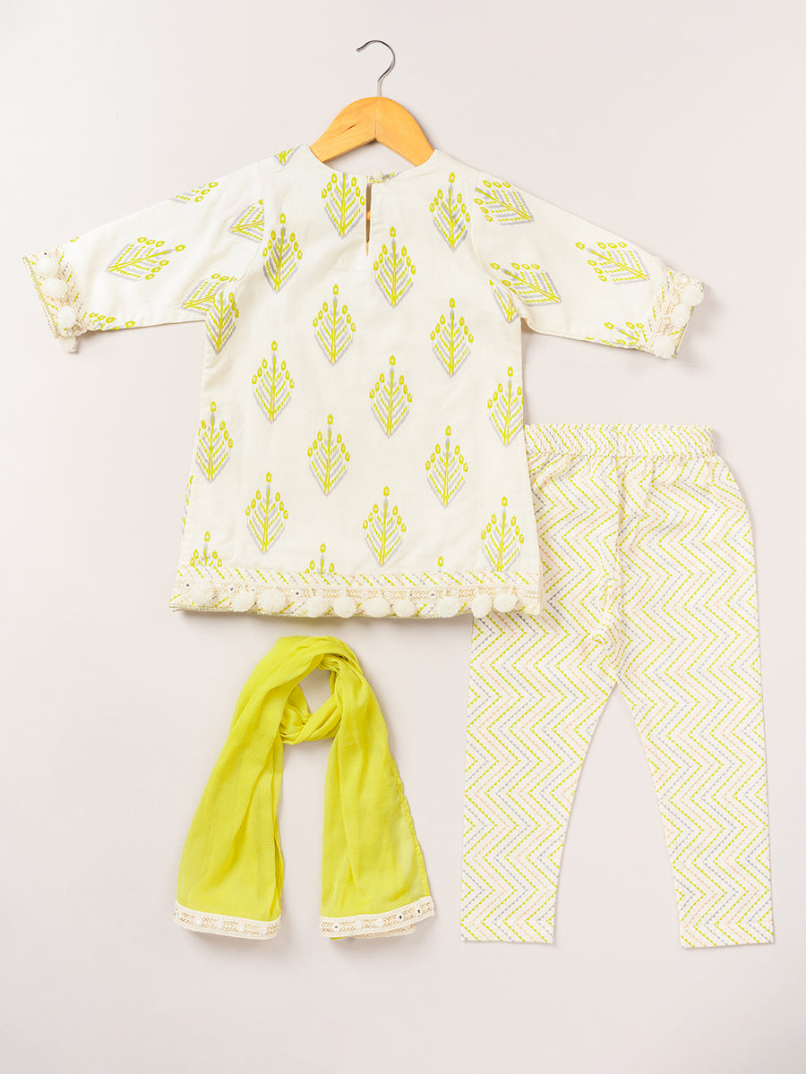 Lime Green Printed Pom Pom Kurta Set with Dupatta