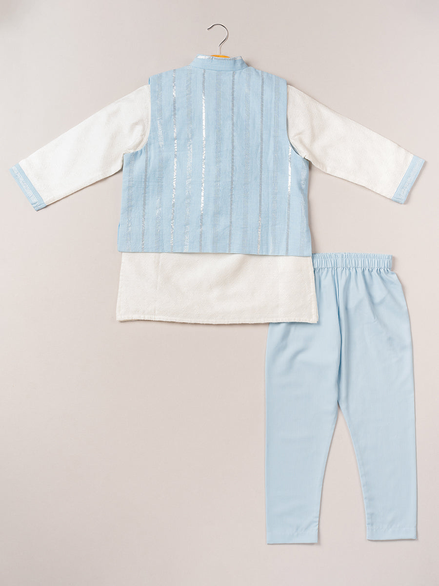 Sky Blue Chanderi Bandi & Satin Linen Kurta Set with Pajama