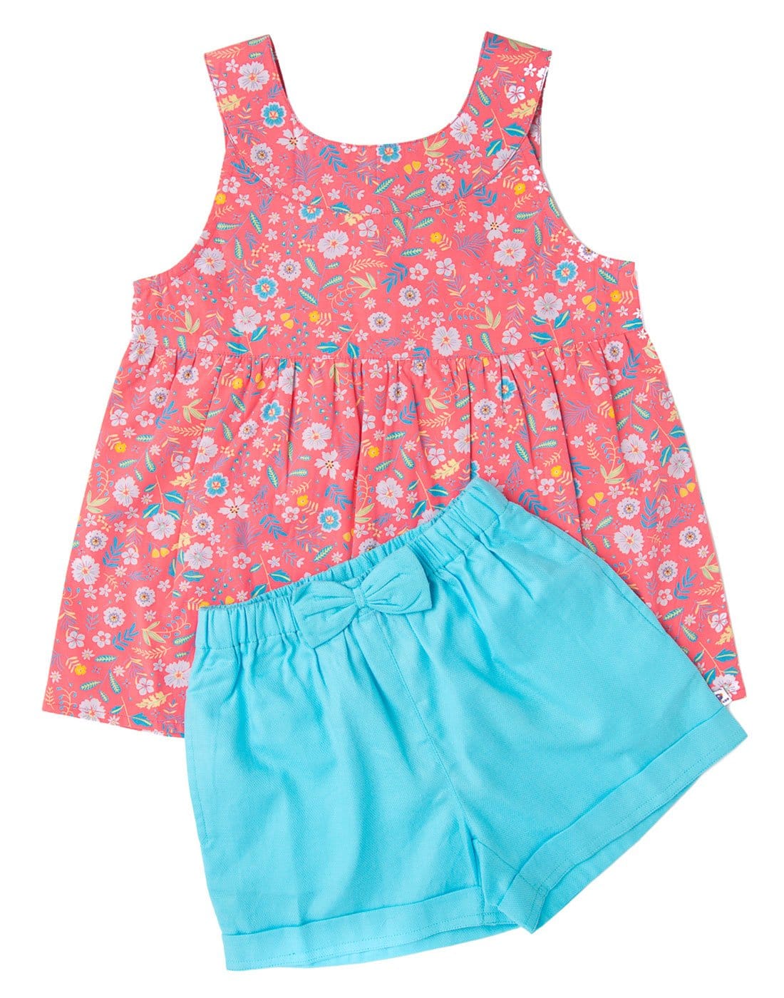 Candy Pink Printed Floral Top With Blue Shorts