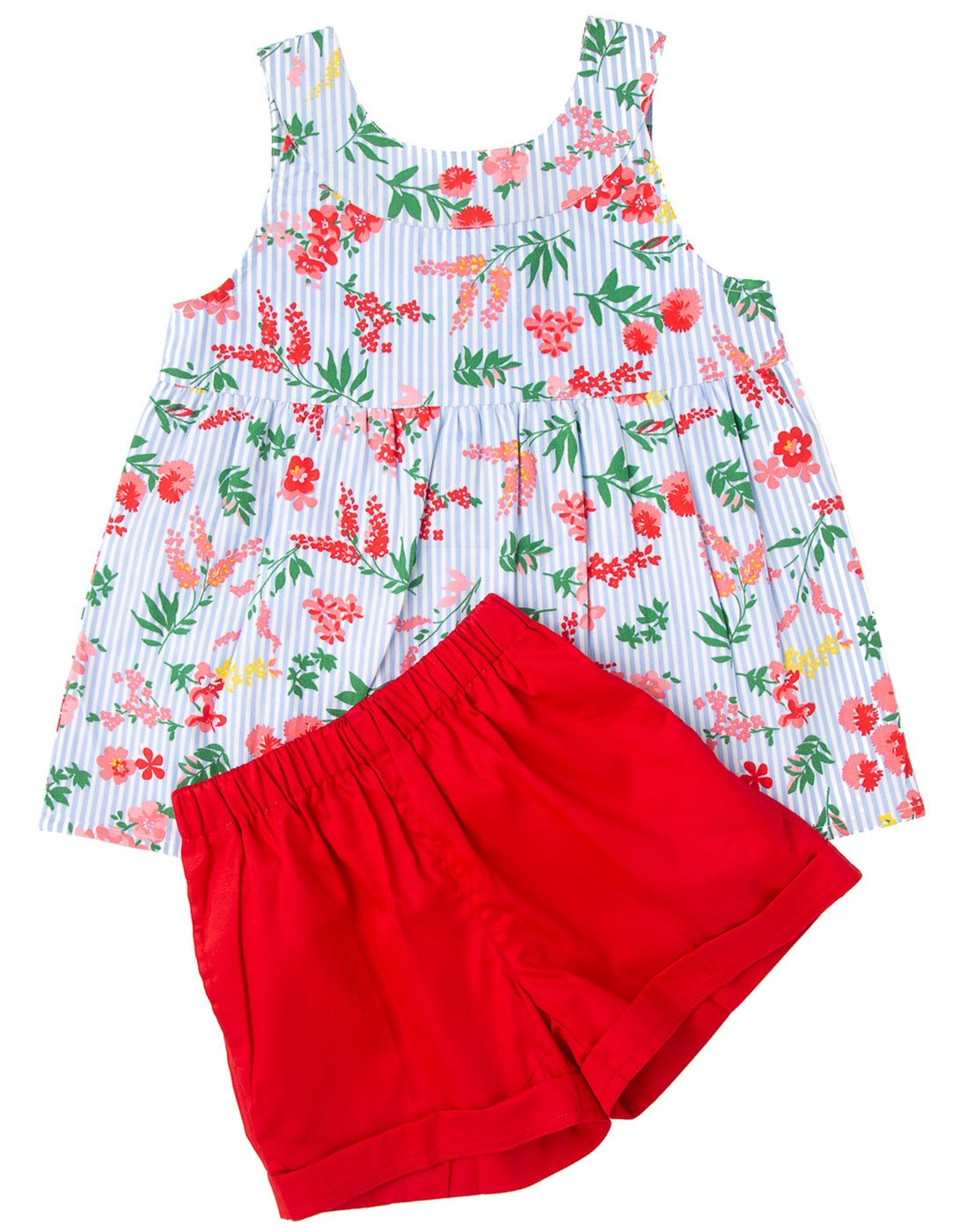 Striped Floral Printed Top With Red Shorts