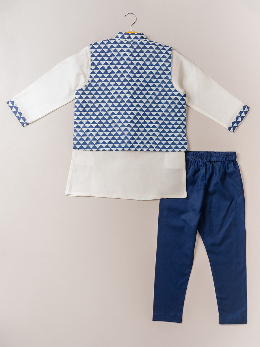 Indigo Satin Linen Kurta & Geometric Bandi Set with Pajama